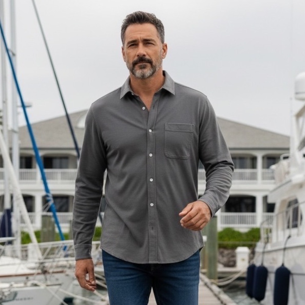 Fair Harbor Mens Organic Cotton Long Sleeve Button Down Shirt Gray SLS15-001-L